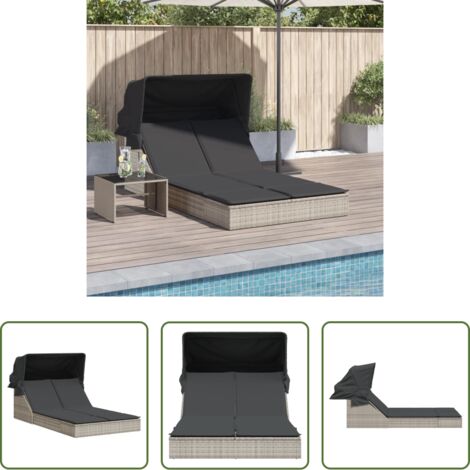 Lettino doppio -  Lettino Doppio Baldacchino e Cuscini Grigio Chiaro Polyrattan