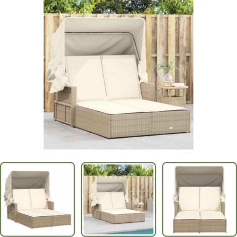 Lettino doppio -  Lettino Doppio con Baldacchino e Cuscini Beige in Polyrattan
