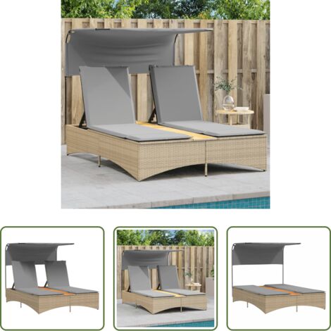 Lettino doppio -  Lettino Doppio con Baldacchino e Cuscini Beige Misto Polyrattan