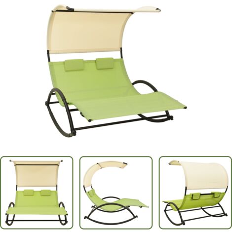 Lettino doppio -  Lettino Prendisole Doppio Tetto in Textilene Verde e Crema