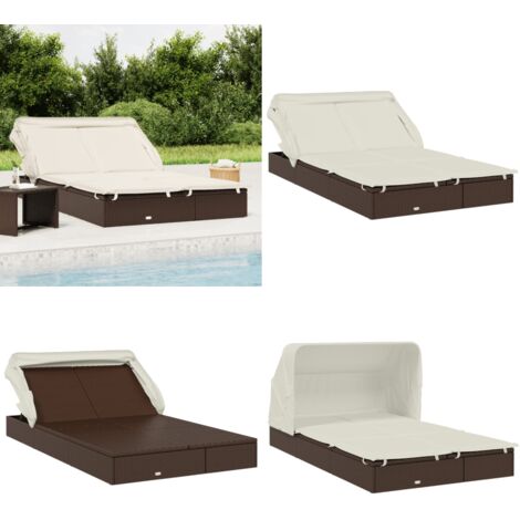 Lettino Doppio Tetto Pieghevole Marrone 213x63x97 cm Polyrattan - Lettino per due persone - Lettino da giardino