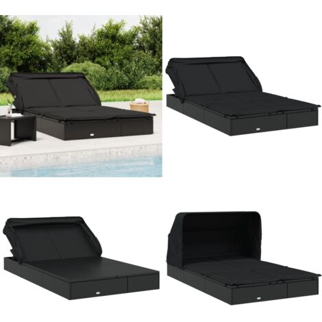 Lettino Doppio Tetto Pieghevole Nero 213x118x97 cm Polyrattan - Lettino esterno - Lettino per piscina
