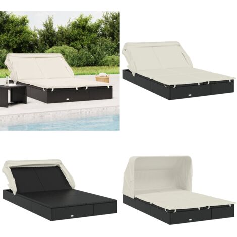Lettino Doppio Tetto Pieghevole Nero 213x118x97cm in Polyrattan - Lettino per 2 persone - Lettino da esterno
