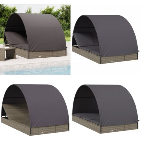Lettino Doppio Tetto Rotondo Grigio 211x112x140 cm Polyrattan - Lettino esterno - Lettino per piscina