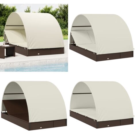 Lettino Doppio Tetto Rotondo Marrone 211x112x140 cm Polyrattan - Lettino esterno - Lettino per piscina