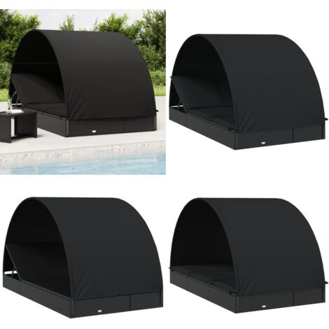 Lettino Doppio Tetto Rotondo Nero 211x112x140 cm in Polyrattan - Lettino esterno - Lettino per piscina