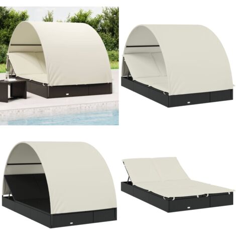 Lettino Doppio Tetto Rotondo Nero 211x112x140 cm in Polyrattan - Lettino esterno - Lettino per piscina