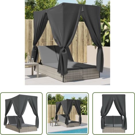 Lettino esterno -  Lettino Prendisole Tetto e Tende Grigio Chiaro in Polyrattan