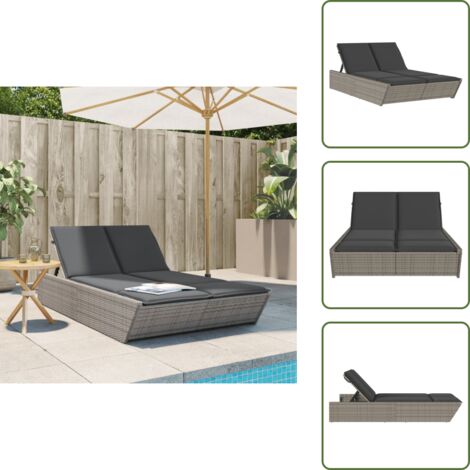 Lettino esterno - vidaXL Lettino Prendisole Doppio con Cuscini Grigio in Polyrattan - Cuscino sfoderabile