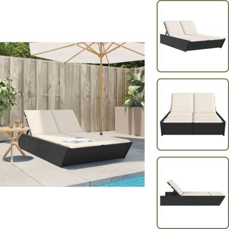 Lettino esterno - vidaXL Lettino Prendisole Doppio con Cuscini Nero in Polyrattan - Cuscino sfoderabile