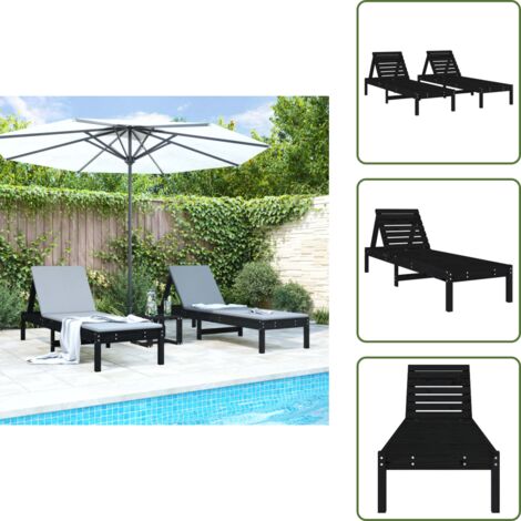 Lettino in legno - vidaXL Lettini Prendisole 2pz Neri 199,5x60x74 cm Legno Massello Pino - Lettino con schienale regolabile