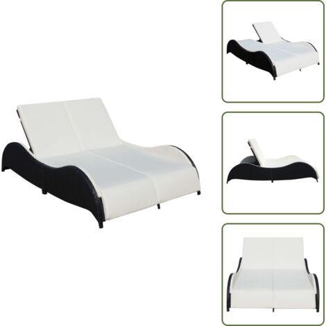 Lettino in rattan nero - vidaXL Lettino Prendisole Doppio con Cuscino in Polyrattan Nero - Sedia a sdraio con schienale regolabile