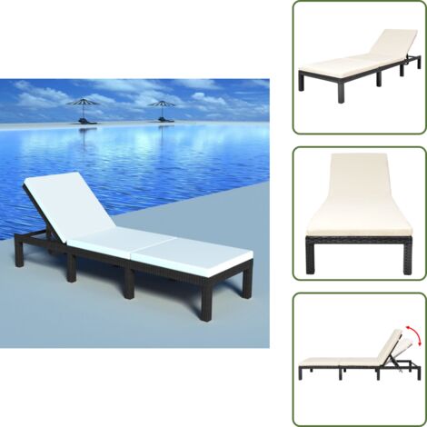 Lettino in rattan - vidaXL Lettino Prendisole con Cuscino in Polyrattan Nero - Cuscino rimovibile