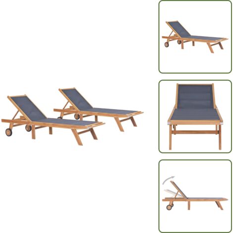 Lettino in teak - vidaXL Lettini Pieghevoli con Ruote 2 pz in Massello di Teak Textilene - Lettino da sole