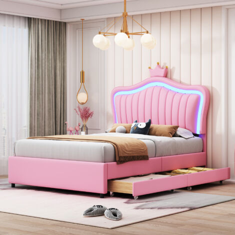 Lettino per bambini imbottito 90 x 200 cm, struttura letto singolo per bambina corona rosa in pelle PU con cassetti portaoggetti, luci a LED, rete a doghe e schienale