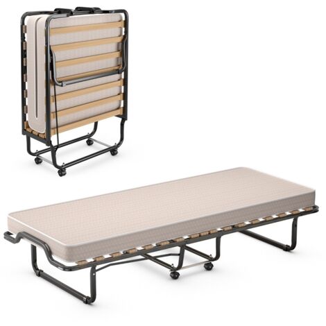 Lettino pieghevole con materasso in memory foam e capacità di 120 kg, Letto con struttura metallica e ruote Beige