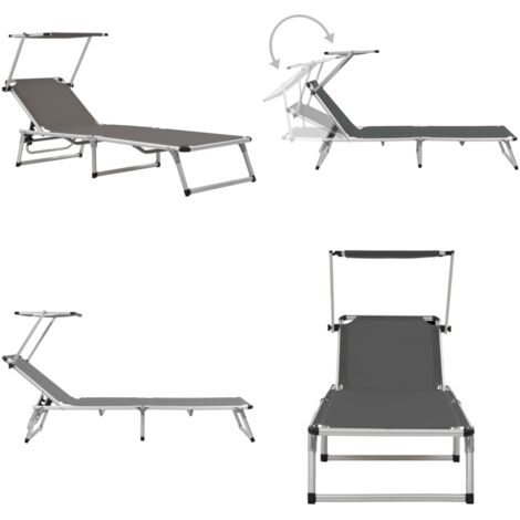 Lettino Pieghevole con Tettuccio Alluminio e Textilene Grigio - Lettino da giardino - Lettino da spiaggia
