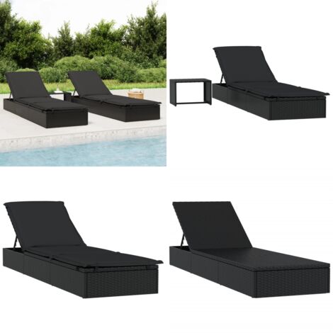 Lettino Prendisole 1 pz con Tavolino Nero in Polyrattan - Tavolino da esterno - Lettino da piscina