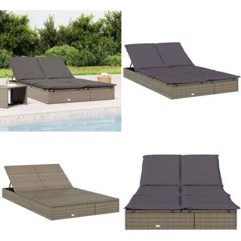 Lettino Prendisole 2 Persone con Cuscini Grigio in Polyrattan - Cuscino - Rattan