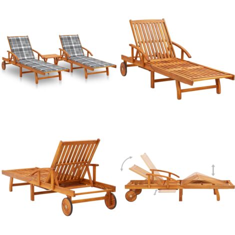 Lettino Prendisole 2 pz con Tavolo e Cuscini Massello d'Acacia - Tavolino esterno - Lettino in legno