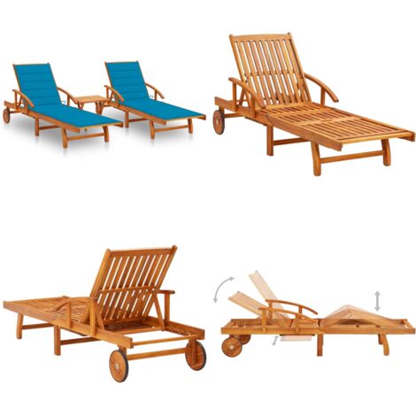 Lettino Prendisole 2 pz con Tavolo e Cuscini Massello d'Acacia - Tavolo esterno - Lettino in legno