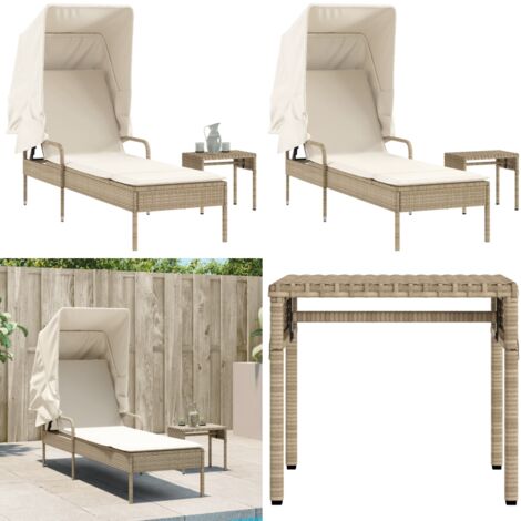 Lettino Prendisole con Baldacchino e Tavolino Beige Polyrattan - Tavolino da tè esterno - Lettino da giardino