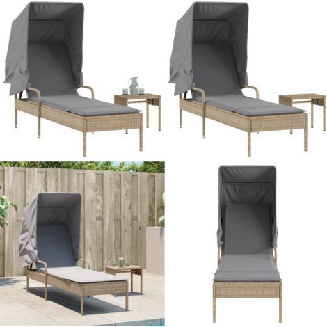 Lettino Prendisole con Baldacchino e Tavolino Beige Polyrattan - Tavolino da tè - Rattan PE