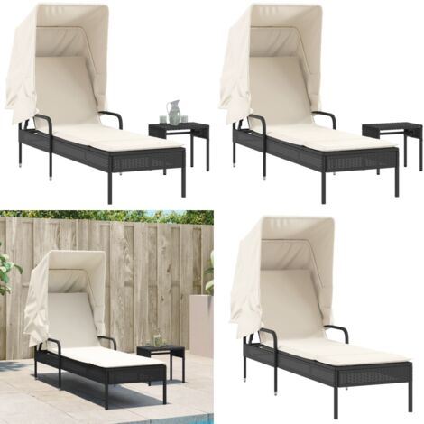 Lettino Prendisole con Baldacchino e Tavolino Nero Polyrattan - Tavolino da tè esterno - Lettino da giardino