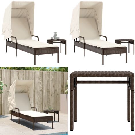 Lettino Prendisole con Baldacchino e Tavolo Marrone Polyrattan - Tavolo da tè - Lettino con baldacchino