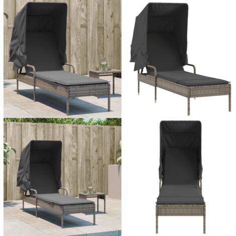 Lettino Prendisole con Baldacchino Grigio in Polyrattan - Lettino da esterno - Lettino con schienale regolabile