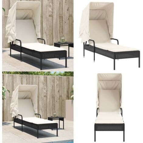 Lettino Prendisole con Baldacchino Nero in Polyrattan - Lettino da esterno - Lettino con schienale regolabile