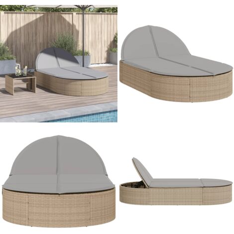 Lettino Prendisole con Cuscini Beige in Polyrattan - Cuscini per seduta - Lettino da giardino