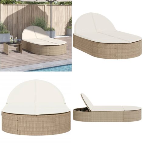 Lettino Prendisole con Cuscini Beige in Polyrattan - Cuscini - Rattan PE