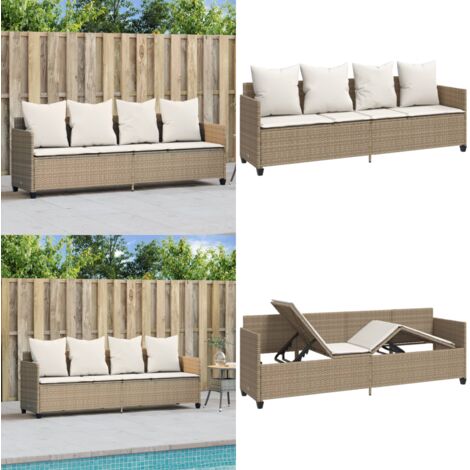 Lettino Prendisole con Cuscini Beige in Polyrattan - Cuscino - Polyrattan