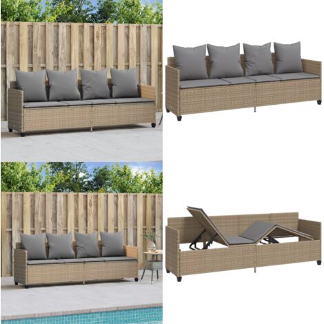 Lettino Prendisole con Cuscini Beige in Polyrattan - Cuscino - Polyrattan