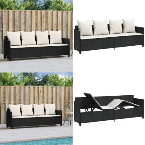 Lettino Prendisole con Cuscini Nero in Polyrattan - Cuscino - Rattan PE