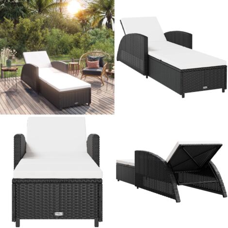 Lettino Prendisole con Cuscino Bianco Crema in Polyrattan Nero - Lettino da patio - Lettino prendisole