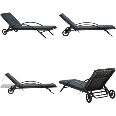 Lettino Prendisole con Cuscino e Ruote in Polyrattan Antracite - Sedia a sdraio - Cuscino sdraio