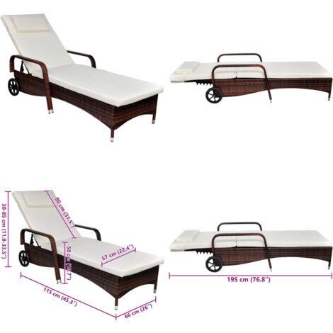 Lettino Prendisole con Cuscino e Ruote in Polyrattan Marrone - Cuscino - Polyrattan