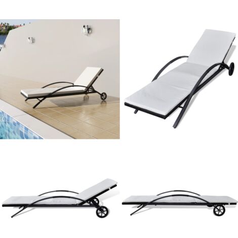 Lettino Prendisole con Cuscino e Ruote in Polyrattan Nero - Sedia a sdraio in rattan - Lettino con ruote