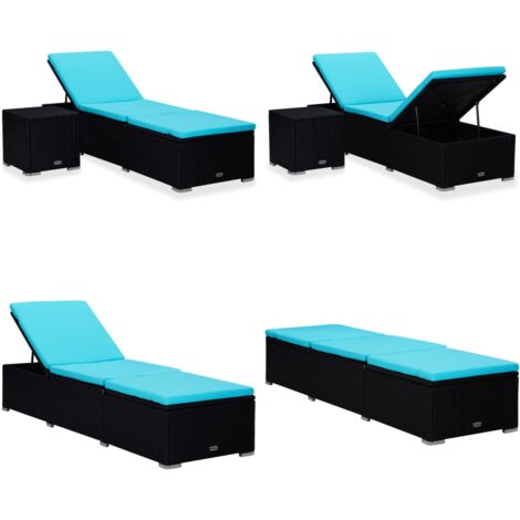 Lettino Prendisole con Cuscino e Tavolino in Polyrattan Blu - Tavolino da salotto - Cuscino per seduta