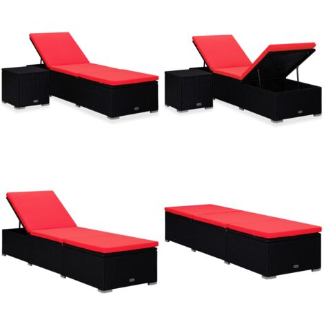 Lettino Prendisole con Cuscino e Tavolino in Polyrattan Rosso - Tavolino da salotto - Cuscino per seduta
