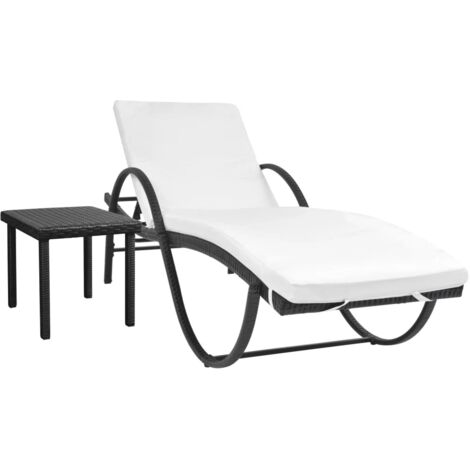 Lettino Prendisole con Cuscino e Tavolo in Polyrattan Nero vidaXL