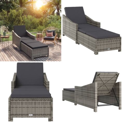 Lettino Prendisole con Cuscino Grigio Scuro Polyrattan Grigio - Lettino prendisole - Cuscino da giardino