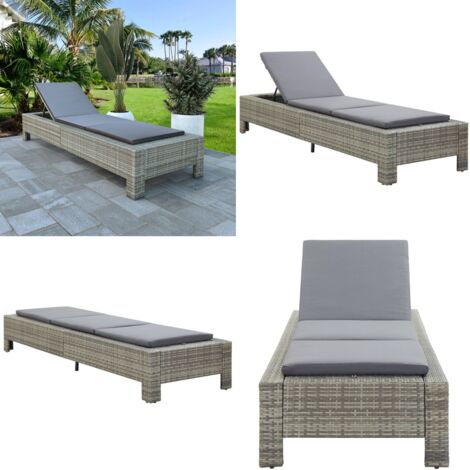 Lettino Prendisole con Cuscino in Polyrattan Grigio - Sdraio - Lettino in rattan