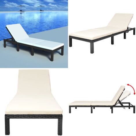 Lettino Prendisole con Cuscino in Polyrattan Nero - Sedia a sdraio - Cuscino in polyrattan