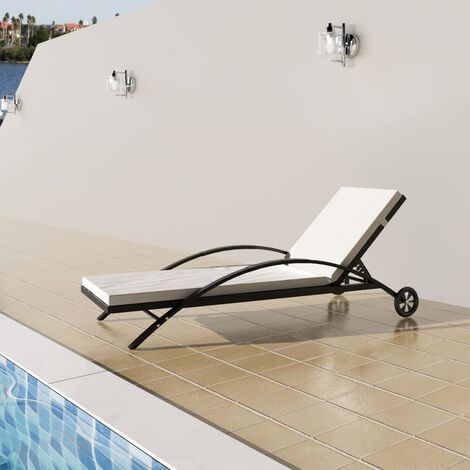Lettino Prendisole con Cuscino su Ruote in Polyrattan disponibili vari colori colore : Nero