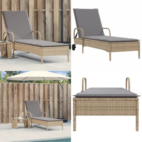 Lettino Prendisole con Ruote e Cuscino in Polyrattan Beige - Cuscino da seduta - Lettino da giardino