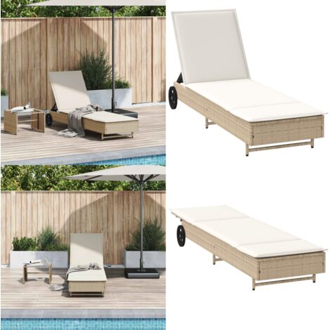 Lettino Prendisole con Ruote e Cuscino in Polyrattan Beige - Cuscino da seduta - Lettino da giardino