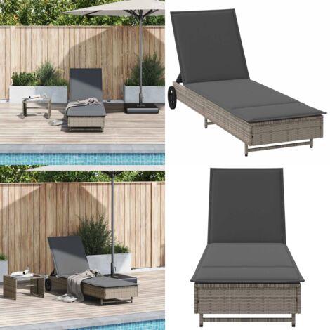 Lettino Prendisole con Ruote e Cuscino in Polyrattan Grigio - Cuscino da seduta - Lettino da giardino